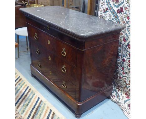 COMMODE, 19th century French Louis Philippe mahogany with a grey and white veined marble top above a frieze drawer and three 