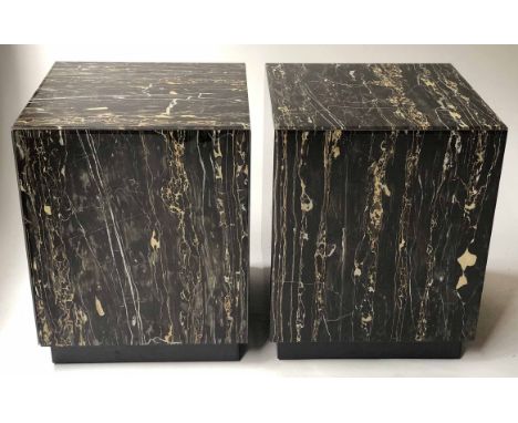 CUBE LAMP TABLES, a pair, glazed faux marble in gold, grey and black, of cube form, 40cm x 40cm x 50cm H. (2) (with faults)