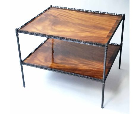 LAMP TABLE, Regency style rectangular aged silvered pierced metal with gallery and flame mahogany of two tiers, 57cm H x 73cm