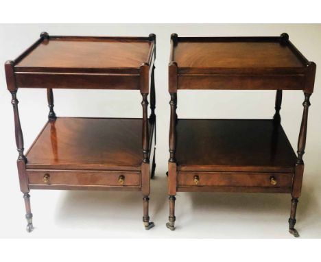 BEDSIDE/LAMP TABLES, a pair, George III design, flame mahogany, each with two tiers and drawer, 46cm x 46cm x 63cm H.