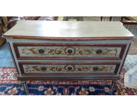 COMMODE, late 18th century Italian painted with carved and gilded decoration, with two long drawers, on fluted supports, 143c