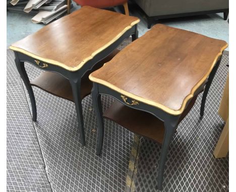 SIDE TABLES, a pair, French Provincial design, with grey painted bases, single drawer and undertier shelf, 57cm H x 45cm W x 