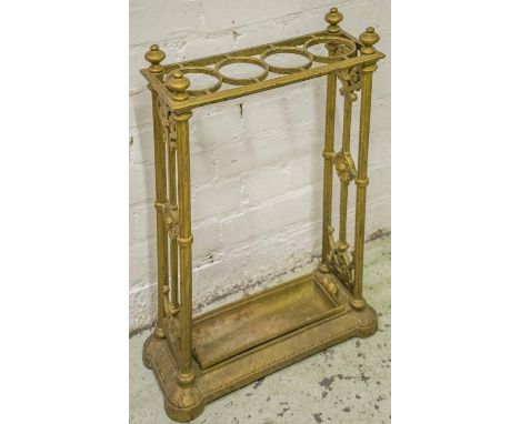 STICK STAND, Victorian gilt painted cast iron attributed to Coalbrookdale, with removable drip tray, 64cm H x 45cm W x 20cm D