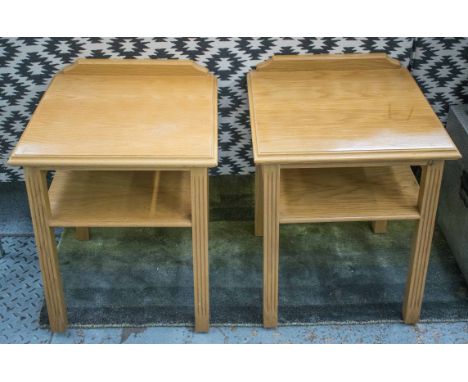 BEDSIDE TABLES, a pair, light oak of two tiers, 58cm H x 45cm W x 45cm D. (2)