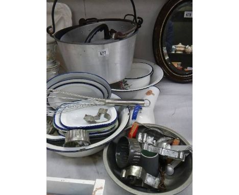 A mixed lot of enamel and other kitchen ware. (collect only)