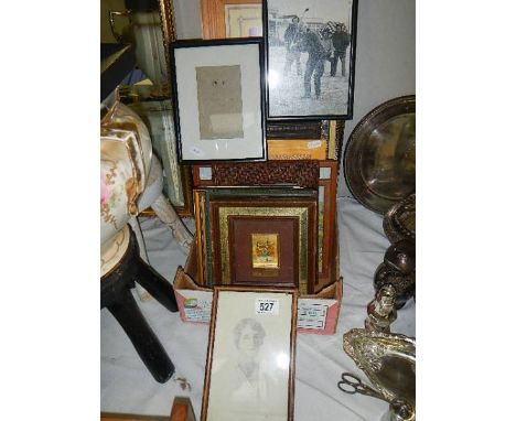 A large lot of old picture frames and a pencil drawing. (collect only)