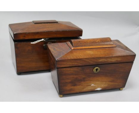 A Regency mahogany sarcophagus-shaped tea caddy and another similar tea caddy