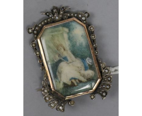 A 19th century continental white and yellow metal pendant brooch, with seed pearl set border and glazed inset portrait of a l