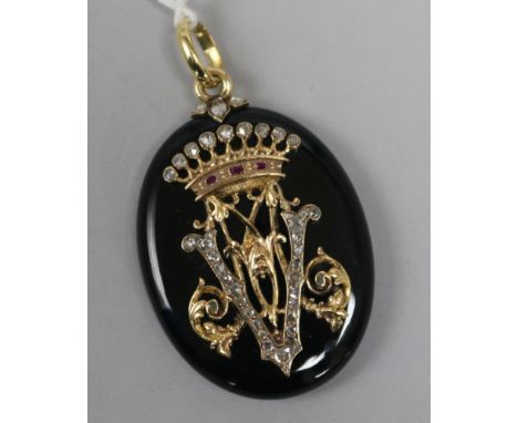A Victorian gold, rose cut diamond and ruby set black enamel oval pendant locket, 49mm.