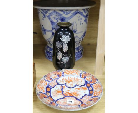A Japanese blue and white jardiniere, a Korean metal and a ceramic dish