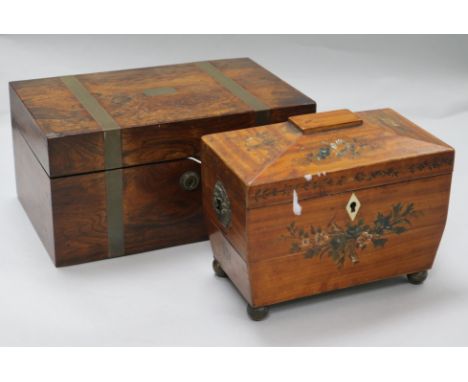 A Sheraton style painted satinwood sarcophagus tea caddy and a Victorian brass-bound rosewood jewellery box