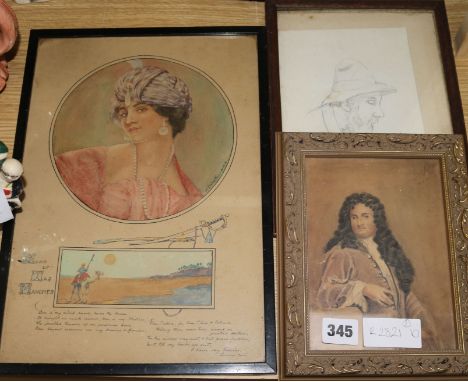 N E Wooton, ink and watercolour, song of Taj Mohammed, and two portrait sketches, 33 x 23cm