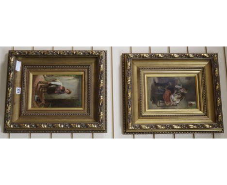 J.R. Makin, pair of oils, Interior scenes with children playing with pets, signed, 24 x 16.5cm