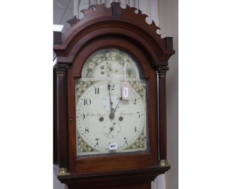 A late George III mahogany longcase clock, W. Strickland, Tenterden having eight-day striking movement with floral-painted ar