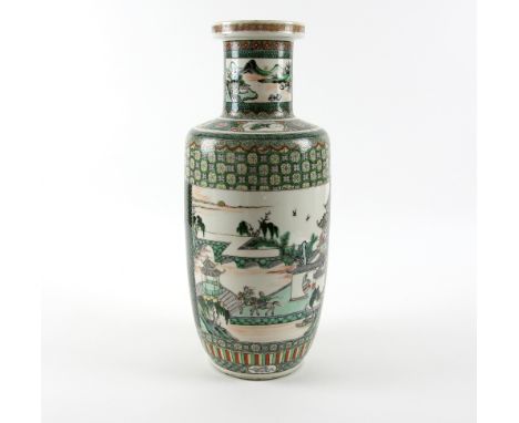 19th century Chinese famille verte Rouleau vase decorated with two panels, one of figures in a landscape, the other a riversc