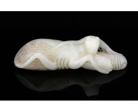 Chinese pale celadon jade chop stick rest carved as a grasshopper with two grubs between it's front legs, 7.5cm long, .    