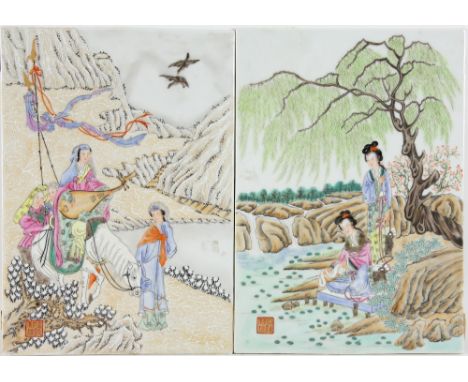 Pair of 20th century porcelain plaques, one decorated with a figure on horseback playing an instrument, with entourage, the o