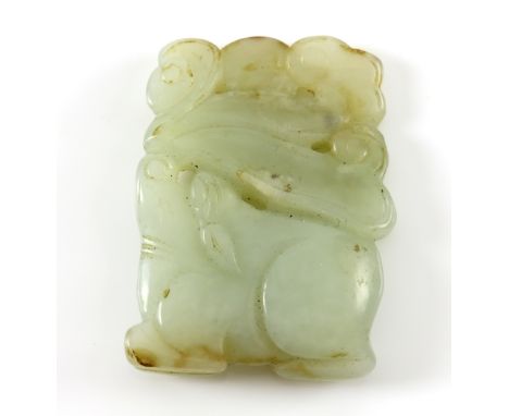 Chinese pale celadon jade pendant in the form of a beast with three Lingzhi mushrooms sprouting from it's nose, 5cm long,.   