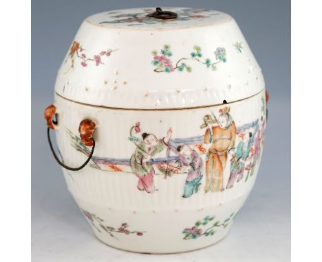 Chinese famille rose jar and cover, the half ribbed body decorated with figures and children playing in a garden, with wire l