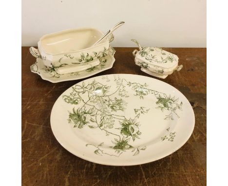 A Large meat platter, a soup tureen with saucer and ladel and a small lidded tureen with ladle by Doulton Burslem Pomegranate