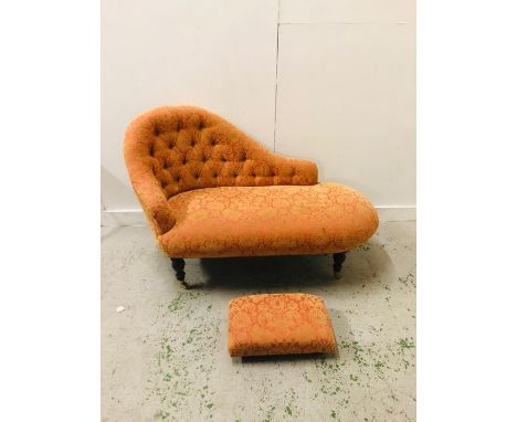 Small upholstered button back chaise longue with matching footstool in Victorian style