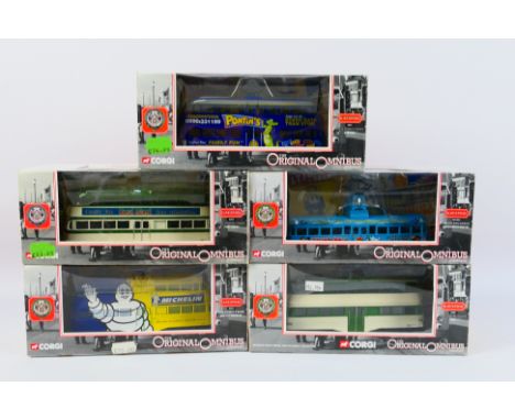 Corgi - 5 x boxed tram models in 1:76 scale including a Blackpool balloon tram in Pontins livery # 43512, a Brush Railcoach i