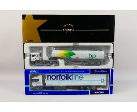 Corgi - 2 x boxed 1:50 scale limited edition die-cast Corgi trucks - Lot includes a #CC12204 Scania Fridge Trailer 'Norfolk L