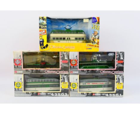 Corgi - 5 x boxed trams in 1:76 scale including balloon tram in Blackpool 1980s livery # OM43506, Brush Railcoach in Terror T