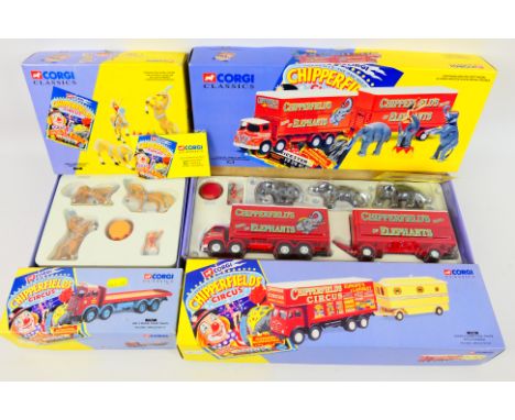 Corgi - 4 x boxed Chipperfields sets, including Foden S21 truck and trailer with elephants # 31902. The models all appear Min
