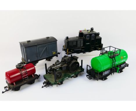 Lehmann LGB - HLW - Newqida - An unboxed Lehmann LGB G gauge diesel locomotive 'Harry', with a four items of G gauge rolling 