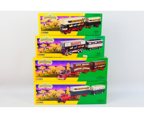 Corgi - 4 x boxed sets from The Showmans Range including Leyland dodgem truck & caravan set # 24801 and similar others. They 