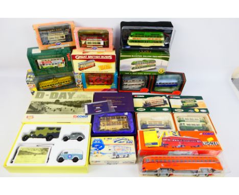 Corgi - A collection of boxed tram and bus models including Leyland Tiger Cub in City of Manchester livery # E24313, a P.C.C.