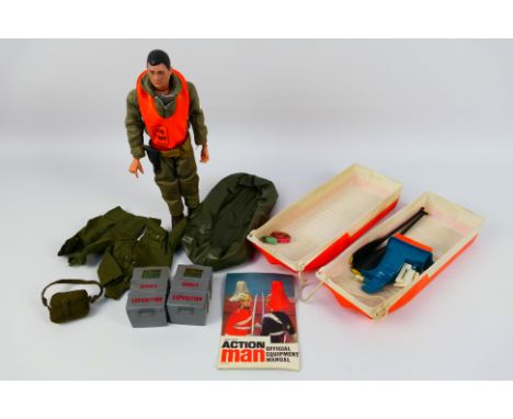 Palitoy - Action Man - A vintage hard painted head Action Man figure with accessories including Jungle Expedition boats and t