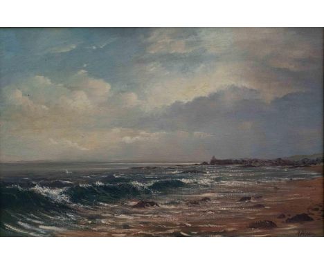 ALFRED ALLAN (FL MID 20TH CENTURY) - WAVES BREAKING ON A SCOTTISH BEACH, SIGNED, OIL ON CANVAS, 61 X 95CM  Varnish requires a