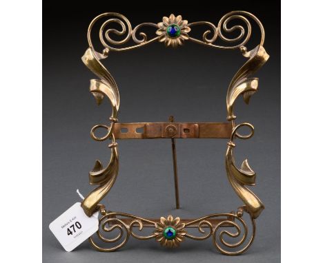 A JUGENDSTIL GERMAN&nbsp; BRASS AND ENAMEL PHOTOGRAPH FRAME, C1910, WITH ROSETTE TOP AND BOTTOM, 21CM H  Lacquer degraded, no
