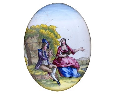 AN ENGLISH ENAMEL PLAQUE, PROBABLY BIRMINGHAM, C1770, SLIGHTLY CONVEX, PRINTED AND PAINTED WITH A LADY AND PIPER SEATED BEFOR