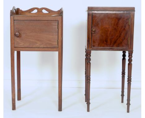 TWO MAHOGANY TRAY TOP POT CUPBOARDS, EARLY 19TH C, ONE ON RING TURNED LEGS, 76CM H; 32 X 33CM AND CIRCA  One with repairs to 