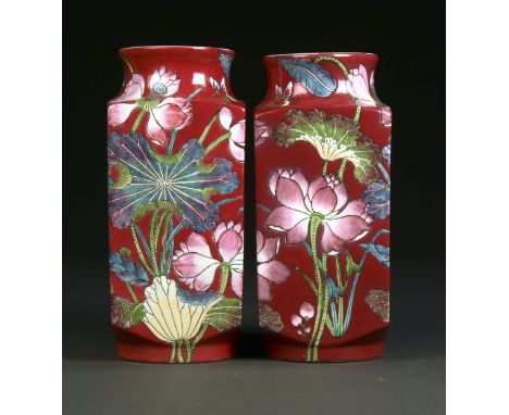 A PAIR OF CHINESE ROSE GROUND PORCELAIN VASES, LATE 20TH C, OF SQUARE SECTION, ENAMELLED WITH FLOWERS, 35.5CM H  One vase wit