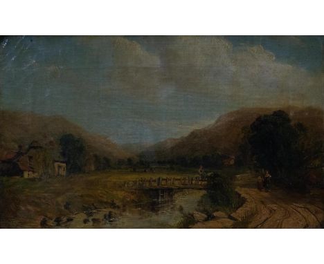 ATTRIBUTED TO WILLIAM COLLINS,&nbsp; RA (1788-1847) - CROSSING THE BRIDGE, SIGNED, INDISTINCTLY DATED 184- , OIL ON CANVAS, 2