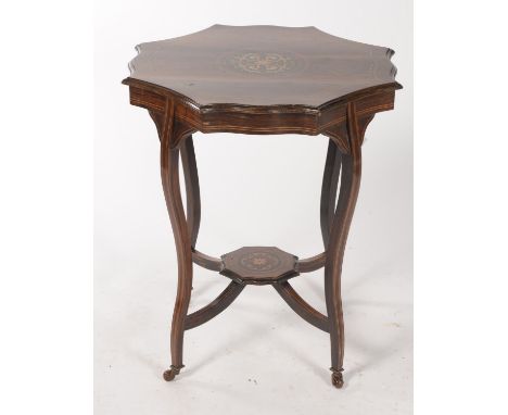 A VICTORIAN SHAPED OCTAGONAL TWO TIER OCCASIONAL TABLE, C1895, THE FIGURED ROSEWOOD TOP WITH BONE INLAID STRINGING, THE CENTR