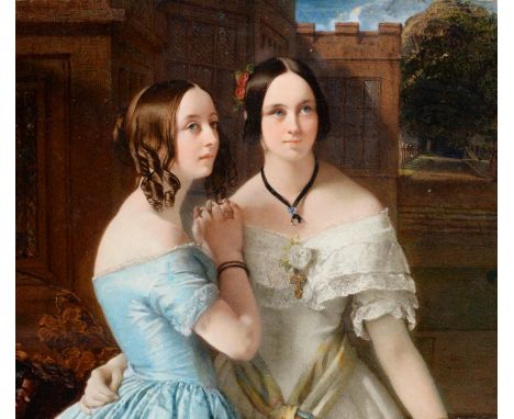 ENGLISH SCHOOL, EARLY 19TH C - A PORTRAIT MINIATURE OF TWO YOUNG WOMEN STANDING BEFORE STEPS AND CASSALATTED BUILDING, WATERC
