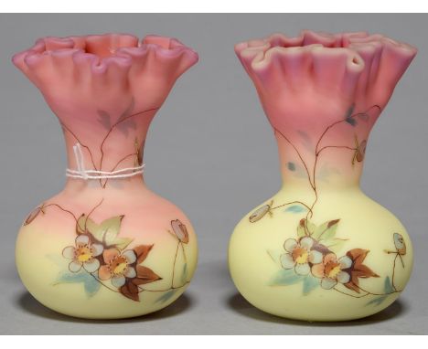 A PAIR OF THOMAS WEBB &amp; SONS QUEEN'S BURMESE GLASS VASES, DECORATED IN THE WORKSHOP JULES BARBE, C1886-88, WITH FRILLED R