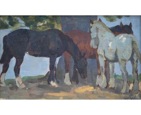 WINIFRED WILSON (1882-1973) - THREE HORSES IN THE SHADE OF A TREE, SIGNED, OIL ON CANVAS BOARD, 16 X 26CMWinifred Wilson and 