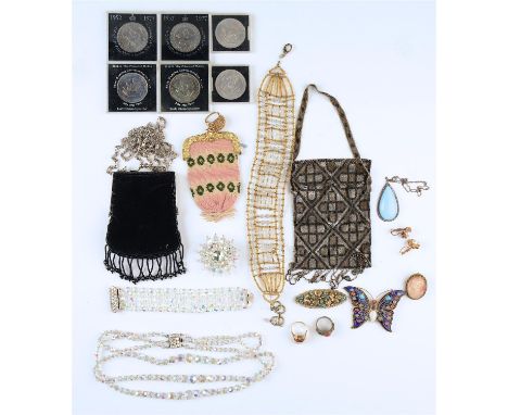 MISCELLANEOUS COSTUME JEWELLERY,&nbsp; COMPRISING THREE CRYSTAL ITEMS (NECKLACE, BROOCH AND BRACELET), ENAMELLED BUTTERFLY BR