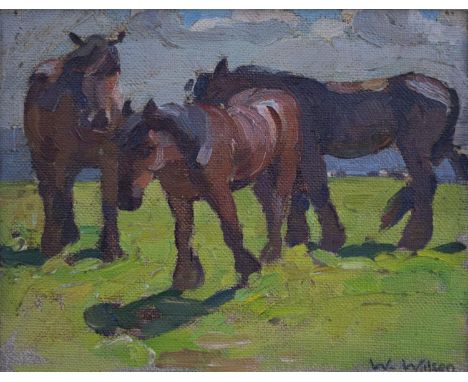 WINIFRED WILSON (1882-1973) - THREE HORSES, SIGNED, OIL ON CANVAS BOARD, 15 X 19.5CM Winifred Wilson and her sisters, Violet 
