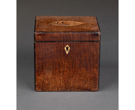 A GEORGE III MAHOGANY TEA CADDY, C1800, WITH HAREWOOD GROUND SHELL PATERA TO THE LID, 11CM H  Typical wear but basically comp