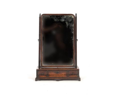 A GEORGE II MAHOGANY DRESSING MIRROR, MID 18TH C, THE 'CADDY' MOULDED CAVETTO BASE FITTED THREE DRAWERS, 66CM H; 22 X 43CM  A