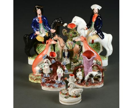 TWO&nbsp; STAFFORDSHIRE EQUESTRIAN PORTRAIT FLATBACKS OF DICK TURPIN AND TOM KING, C1870, THREE CONTEMPORARY STAFFORDSHIRE SP