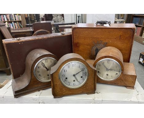 A 1930'S WALNUT MANTEL CLOCK, TWO OAK AND WALNUT MANTEL CLOCKS, SMALL OAK BOX AND SMALL BROWN LEATHER SUITCASE AND&nbsp; LAMI