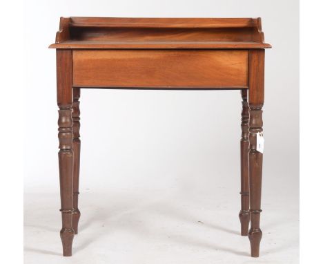 A VICTORIAN MAHOGANY WASHSTAND, WITH THREE QUARTER GALLERY, FITTED SINGLE DRAWER, ON TURNED LEGS, 82CM H; 75CM W  Rip to figu
